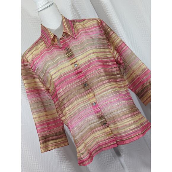 NWOT! ELEMENTZ! LINEN BLEND SHEER STRIPED GOLD, PINK, TAN 3/4 SHIRT, TOP! SZ L - Picture 1 of 8